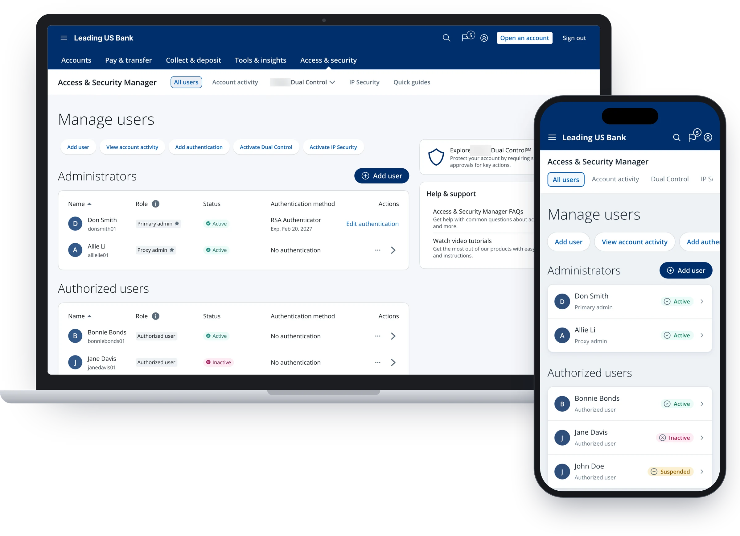 Access & Security Manager — MVP Manage users screen on laptop and phone
