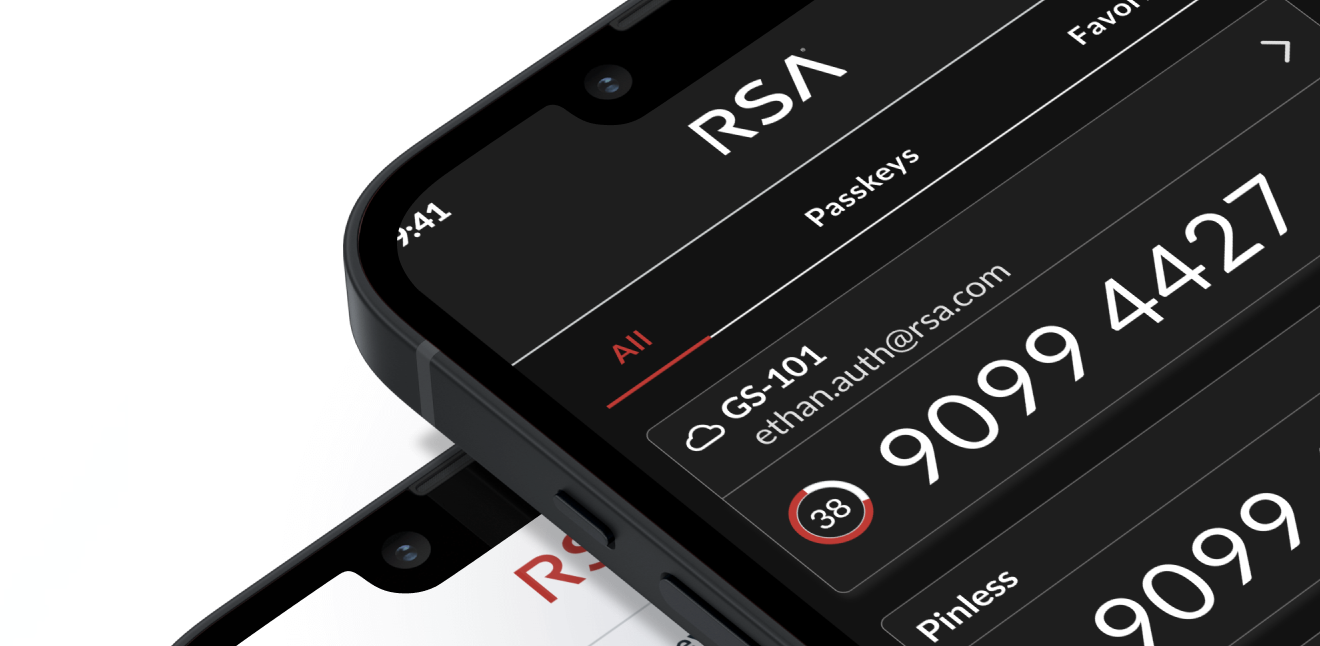 RSA Authenticator mobile app showing a live one-time passcode