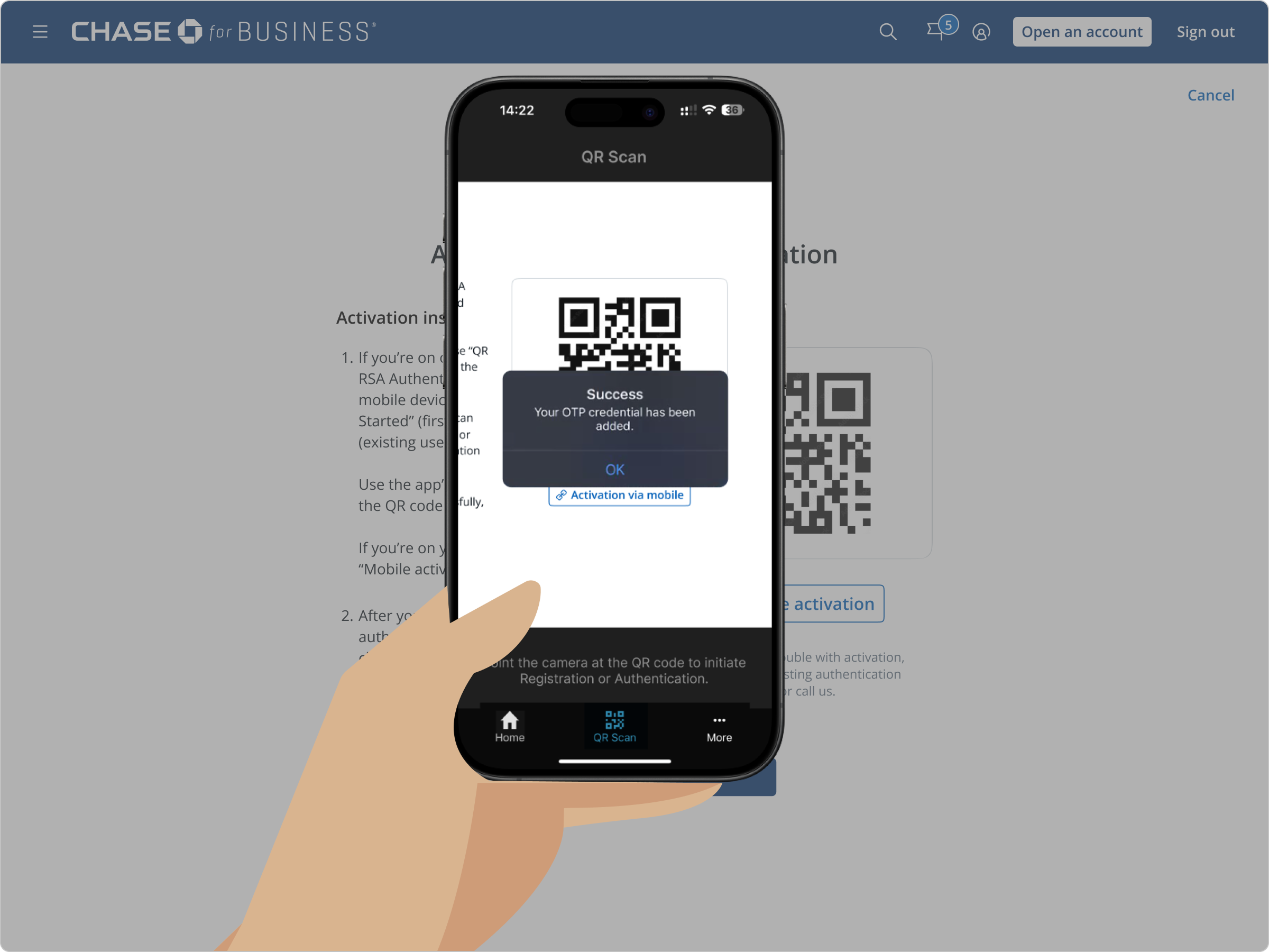 Inside the RSA app, a success message confirms the OTP credential was added