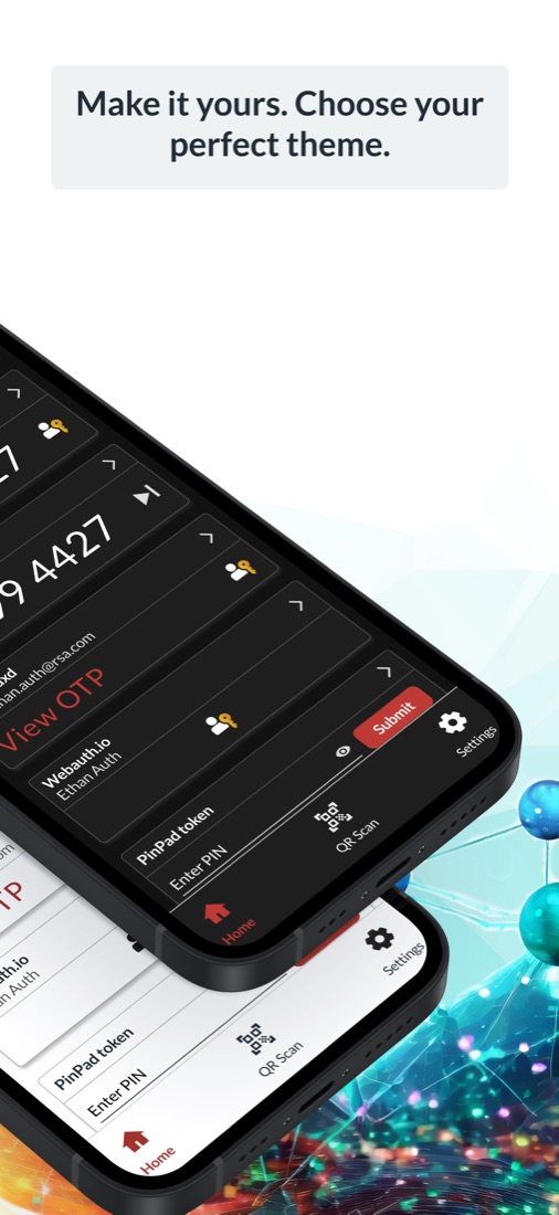 Official RSA Authenticator app marketing screenshot — 'Make it yours. Choose your perfect theme.'