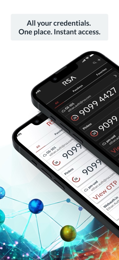 Official RSA Authenticator app marketing screenshot — 'All your credentials. One place. Instant access.'