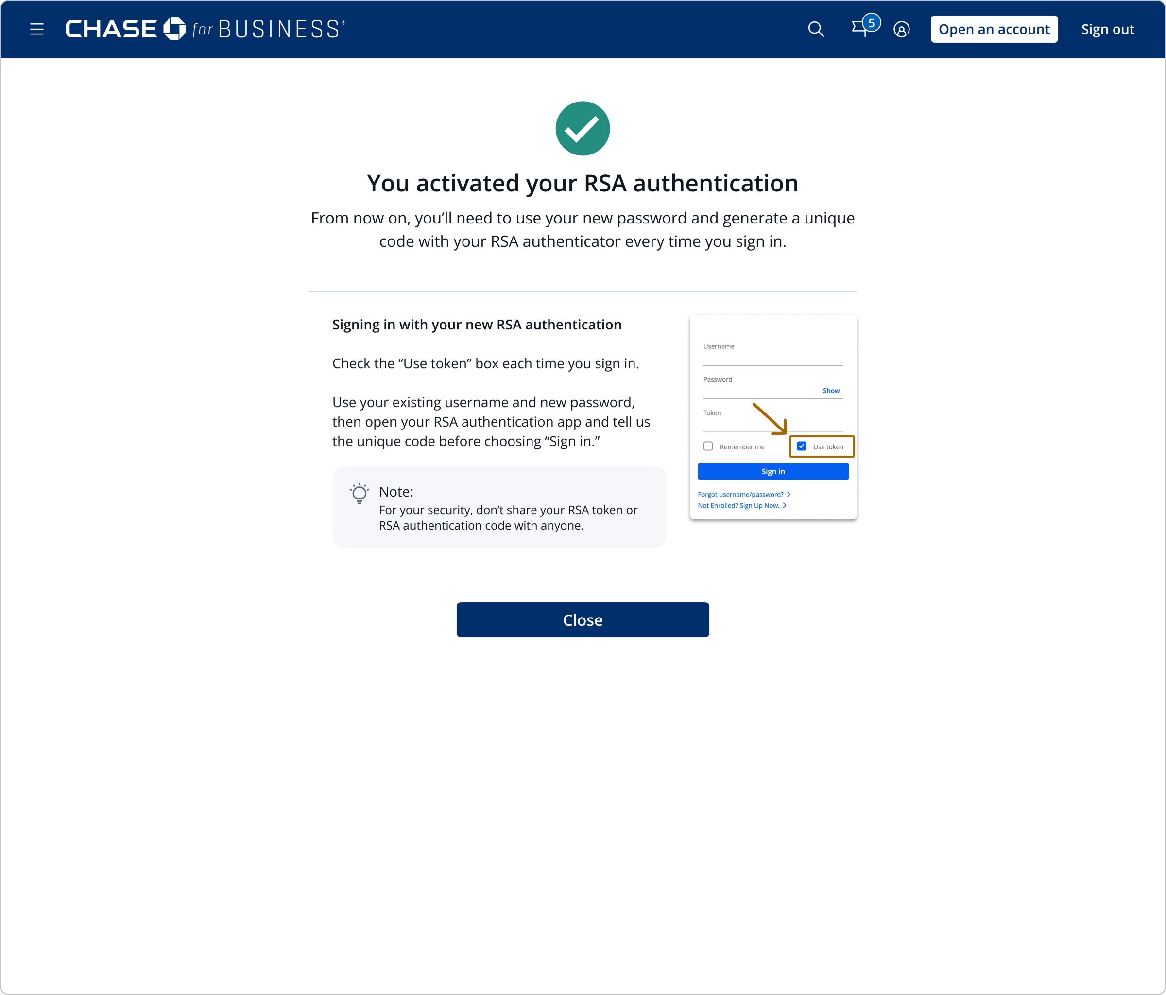 Confirmation screen showing how to sign back in with the new RSA-backed credentials