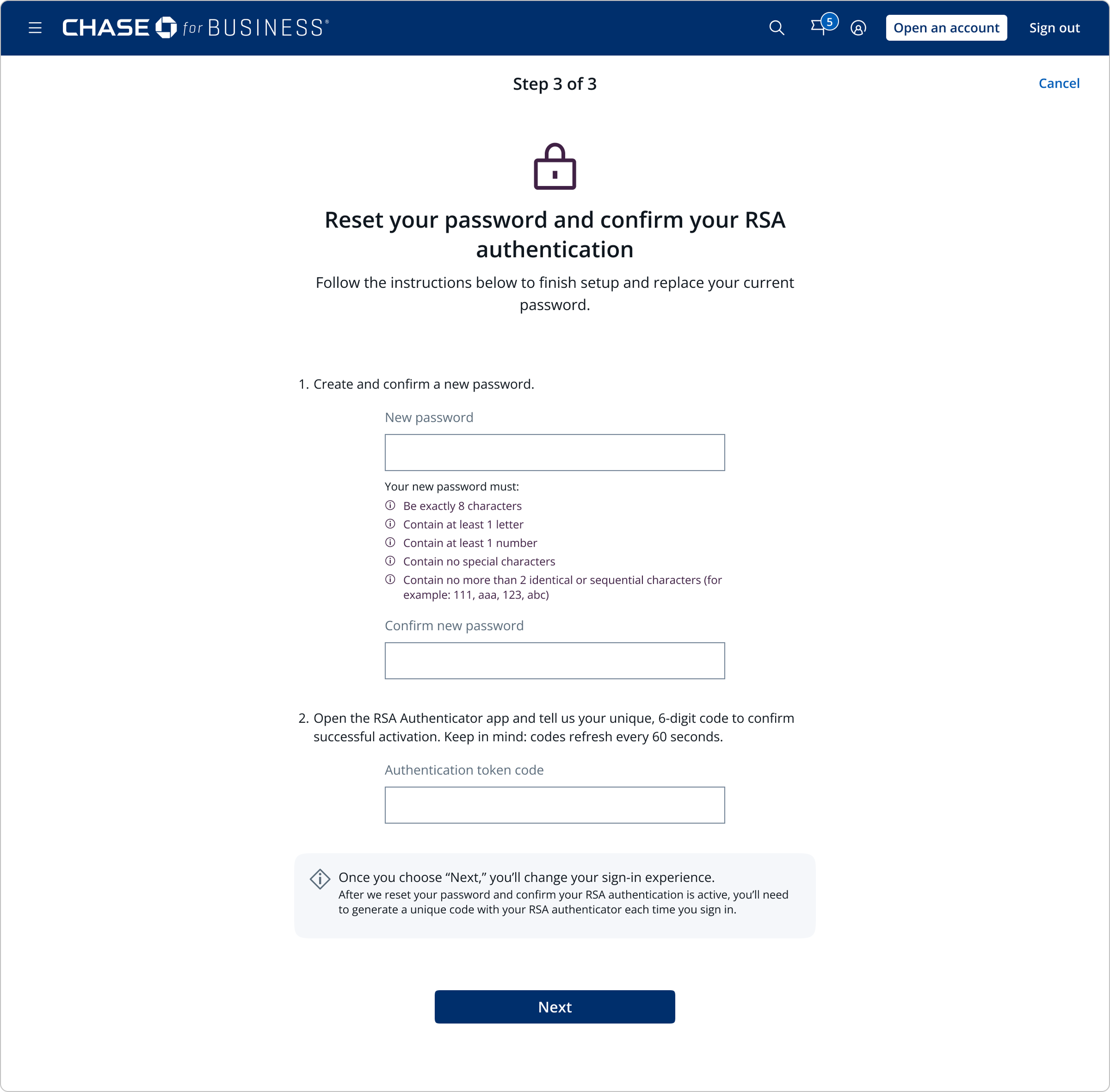 Step 3 of 3: reset password and enter the RSA authentication token code