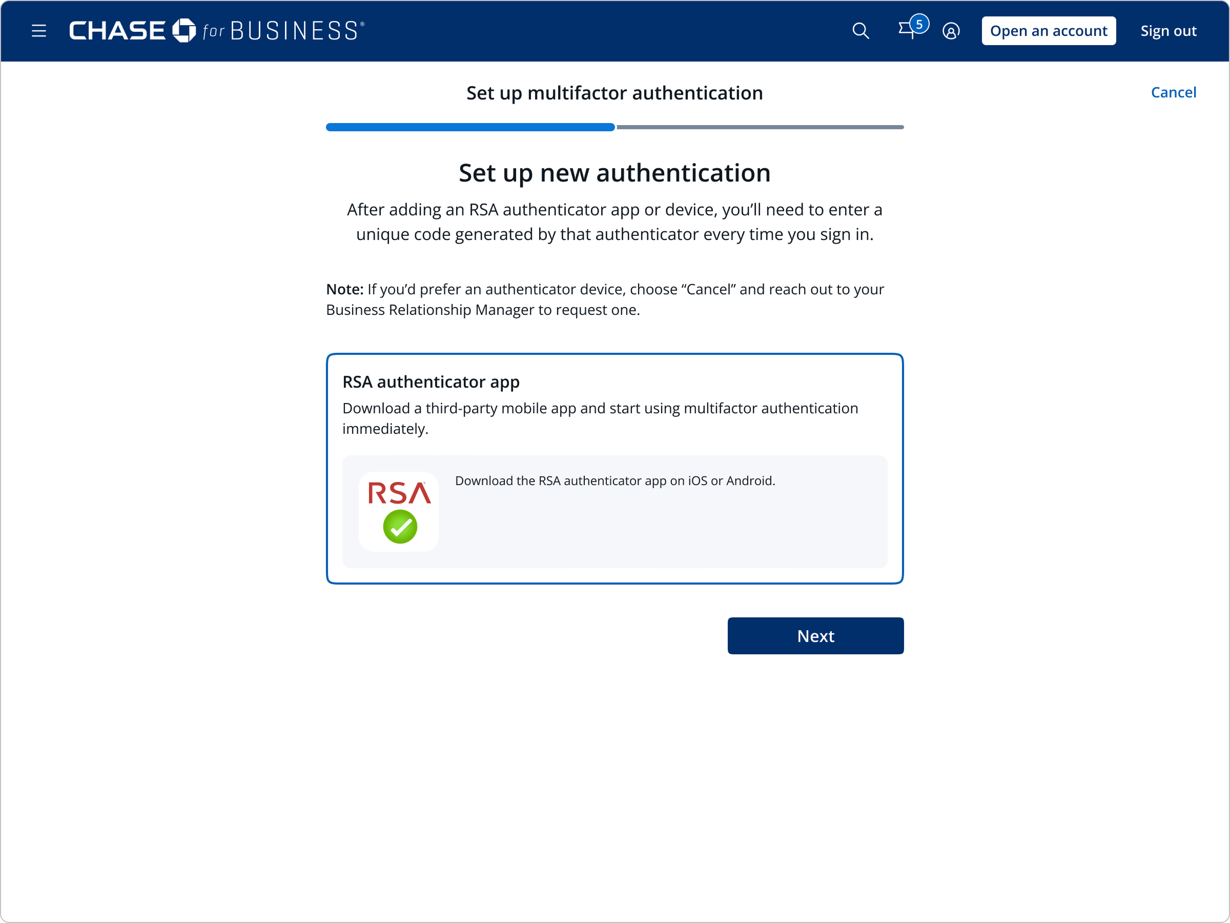 Set up new authentication — select the RSA Authenticator App as the method