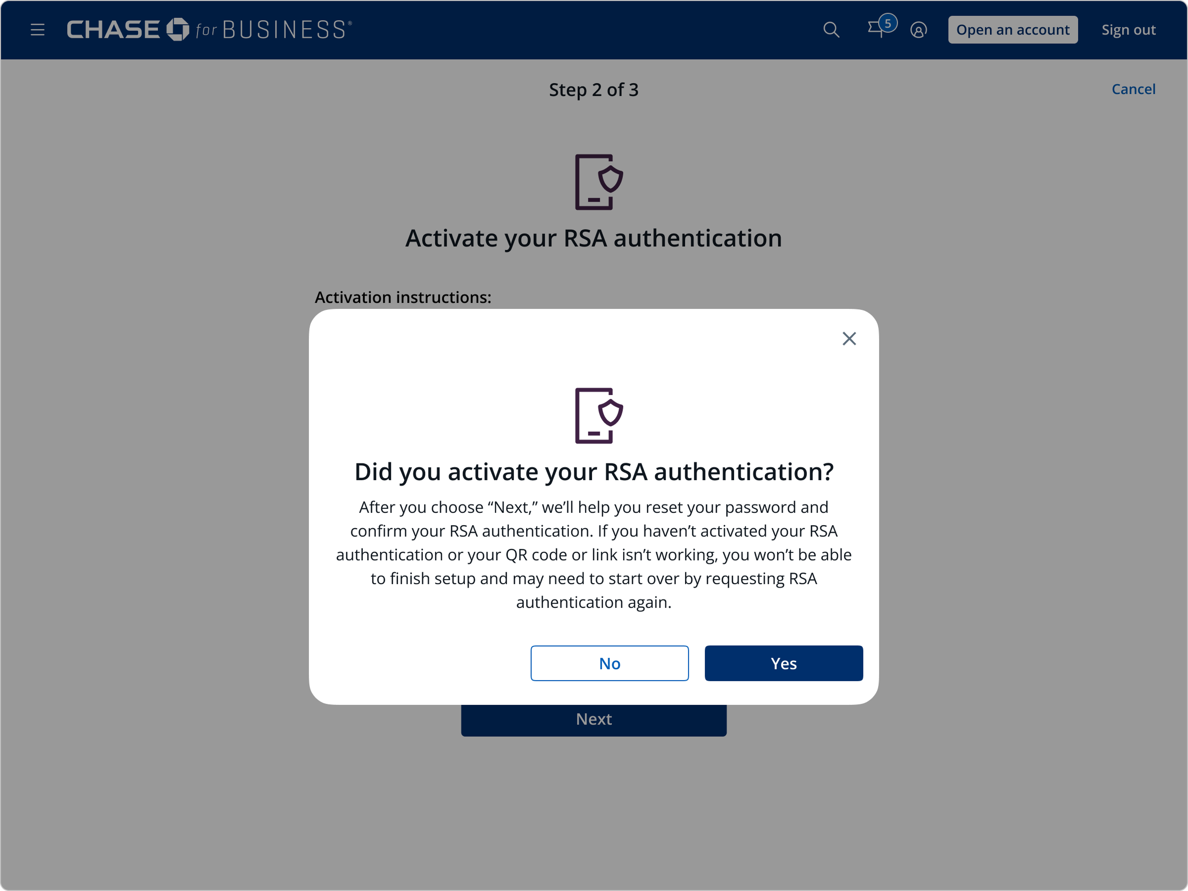 A confirmation speed bump asks: did you activate your RSA authentication?