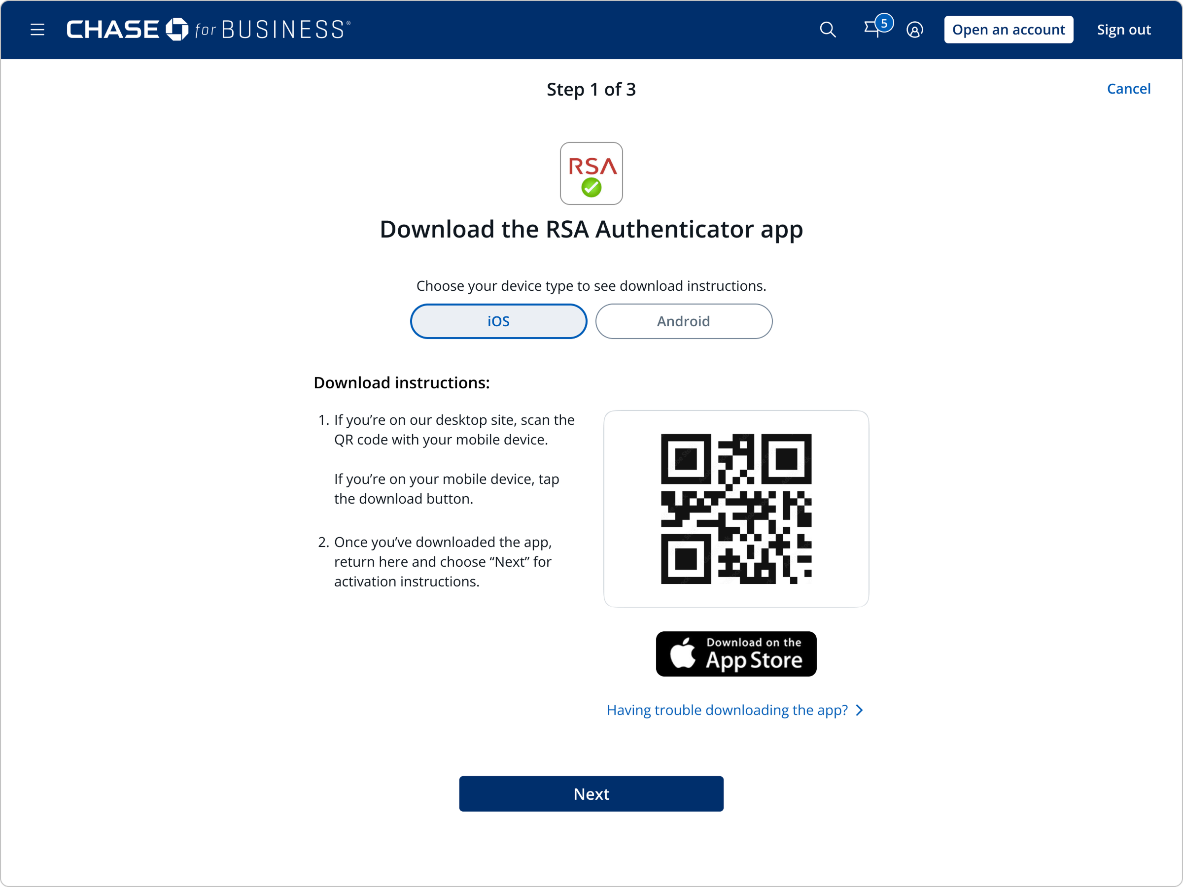 Step 1 of 3: choose a device type and scan a QR code to download the RSA app