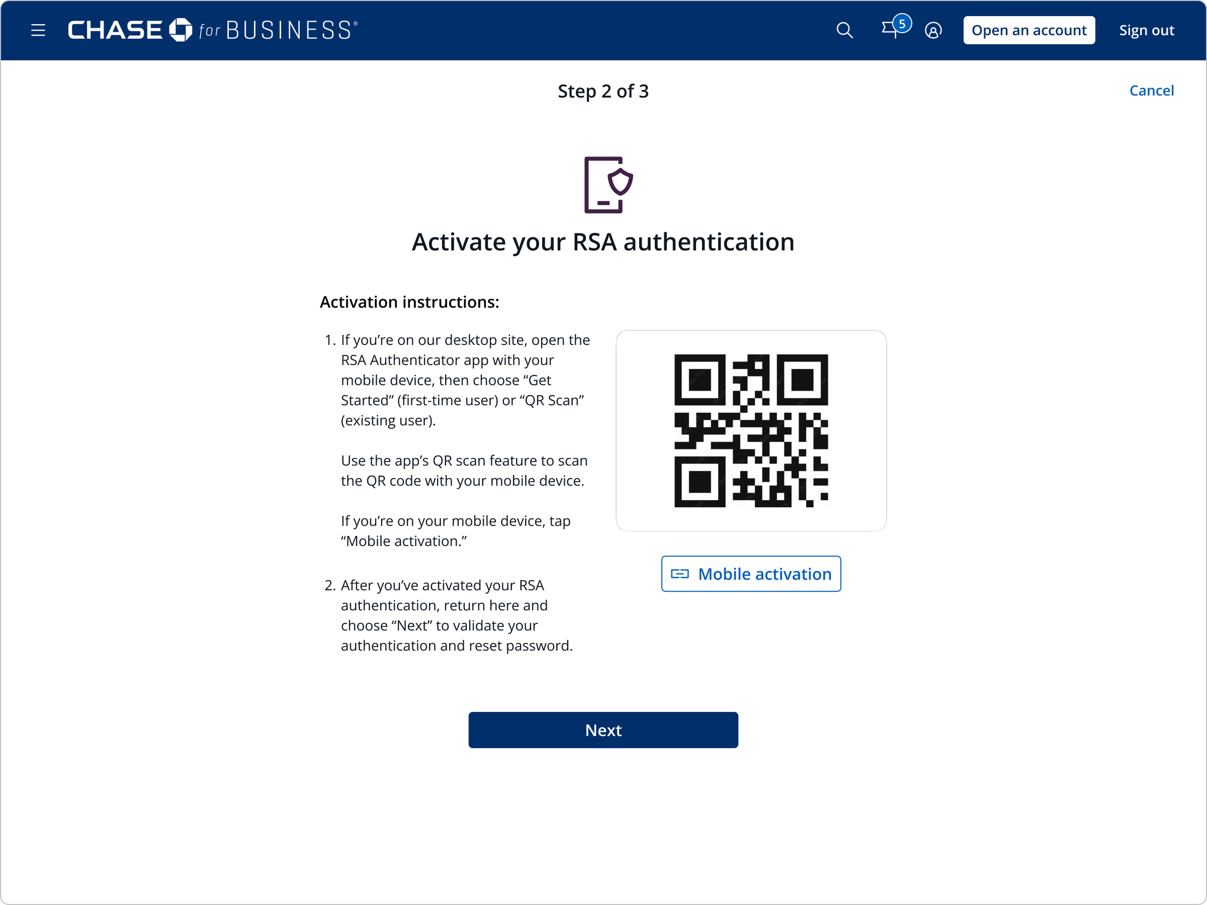 Step 2 of 3: a second QR code activates the RSA app