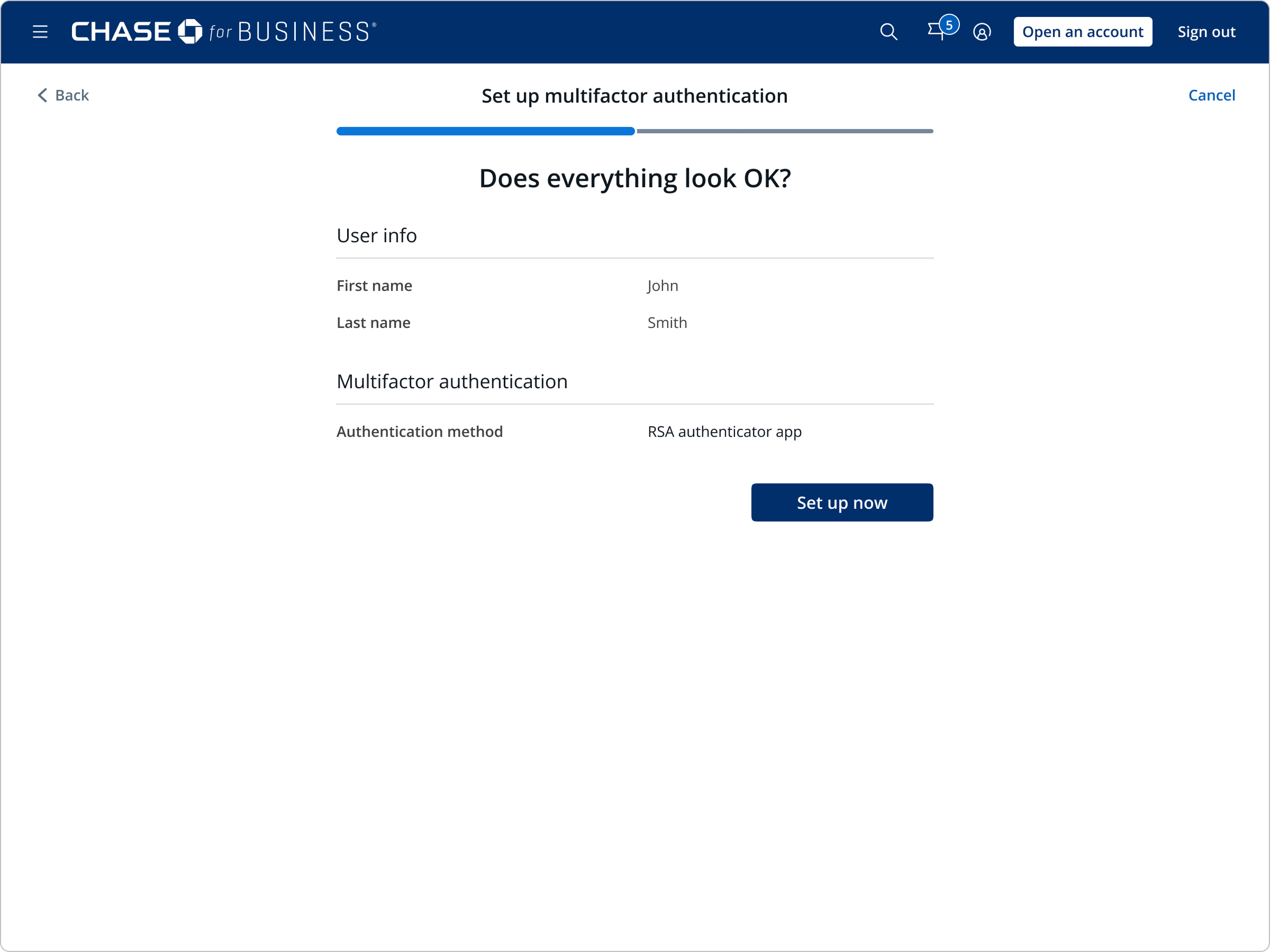 Does everything look OK? A summary of user info and the chosen authentication method before setup