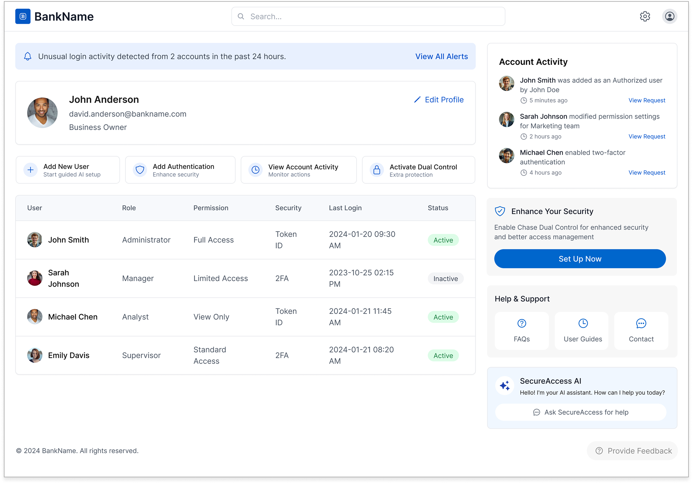 High-fidelity SecureAccess dashboard — real-time alerts, AI-assisted user management, and at-a-glance access control for small business owners.