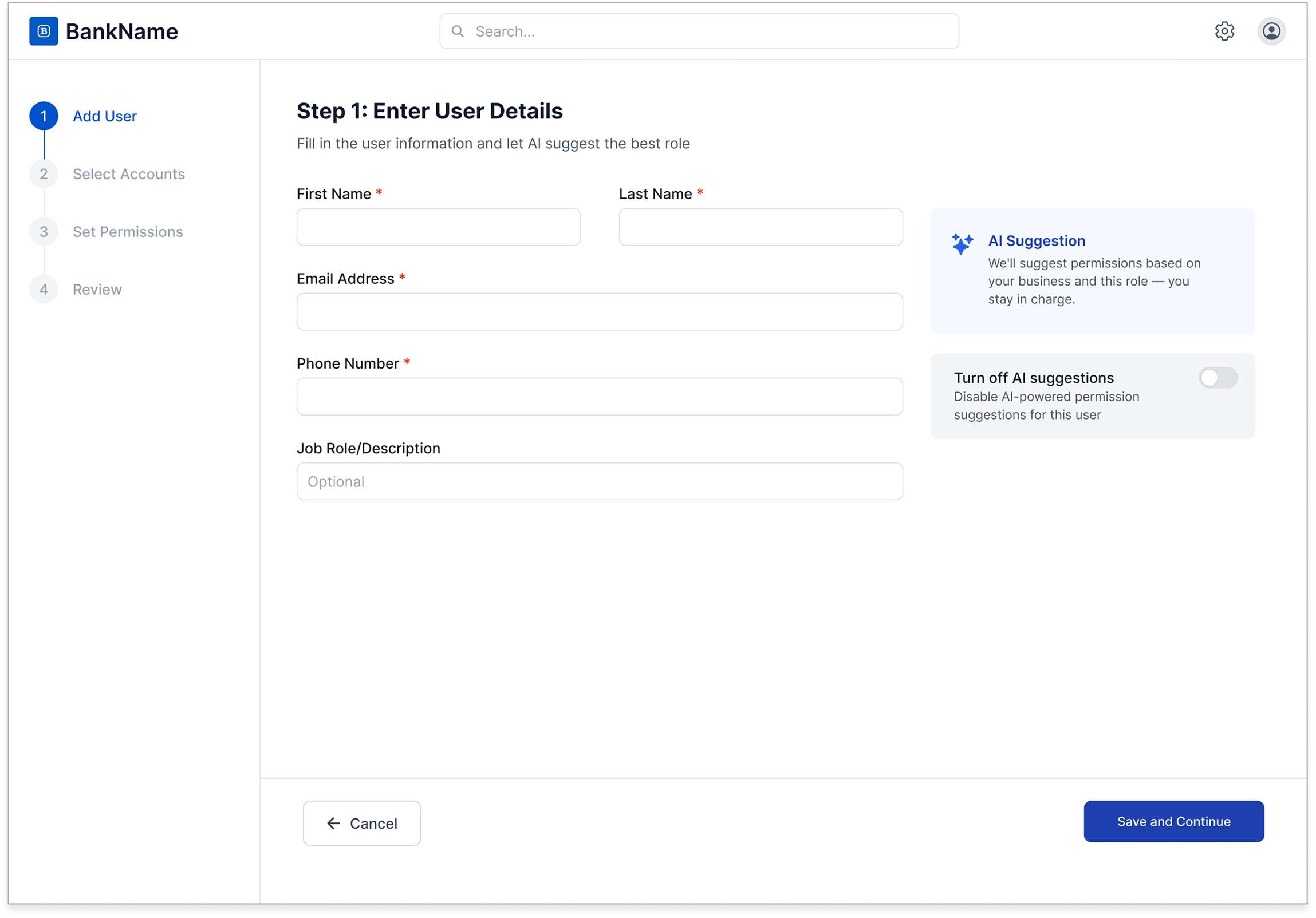 Step 1 — Add a User: user information form with AI role suggestion panel