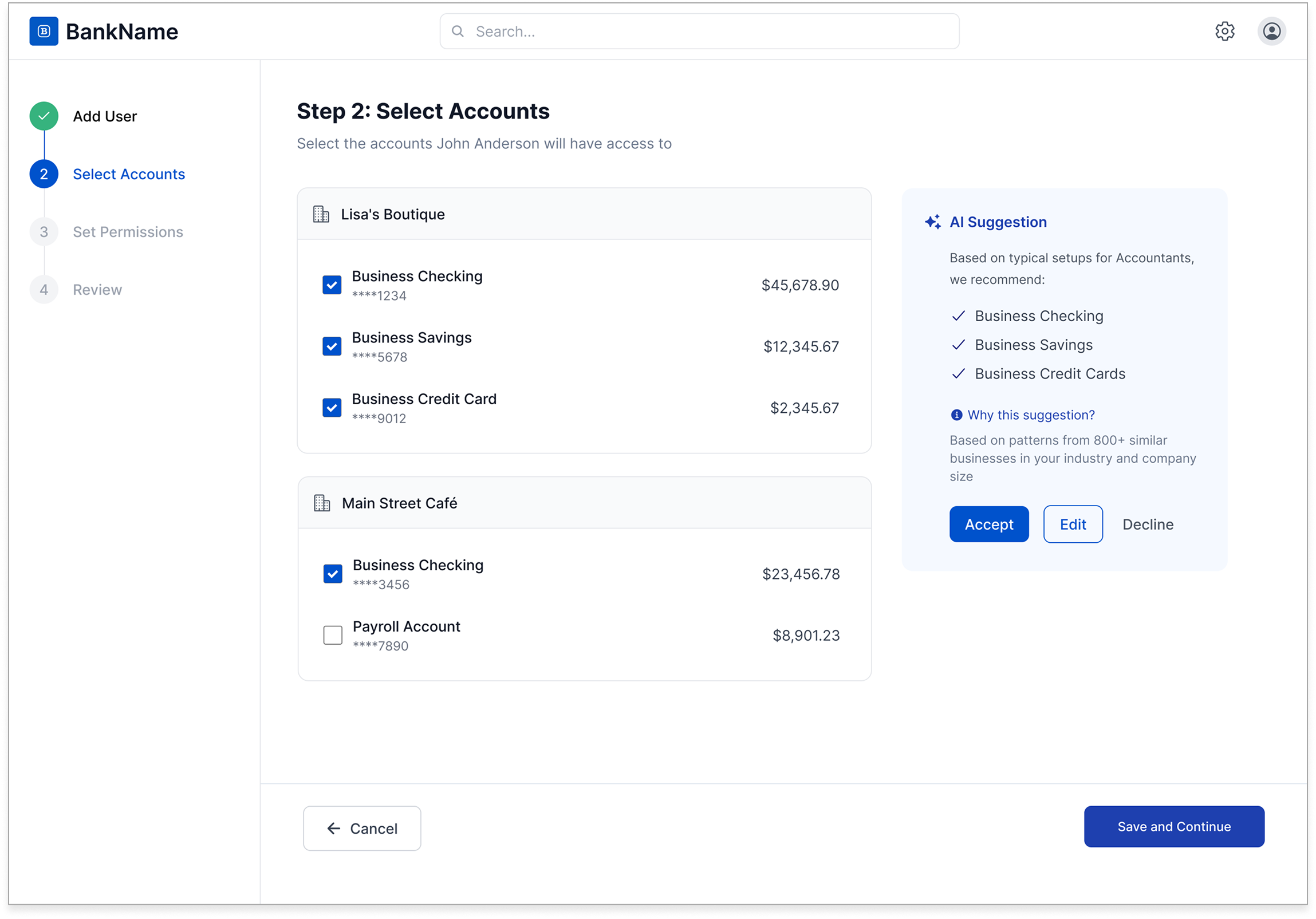 Step 2 — Select Accounts: AI account recommendations with 'Why this?' transparency