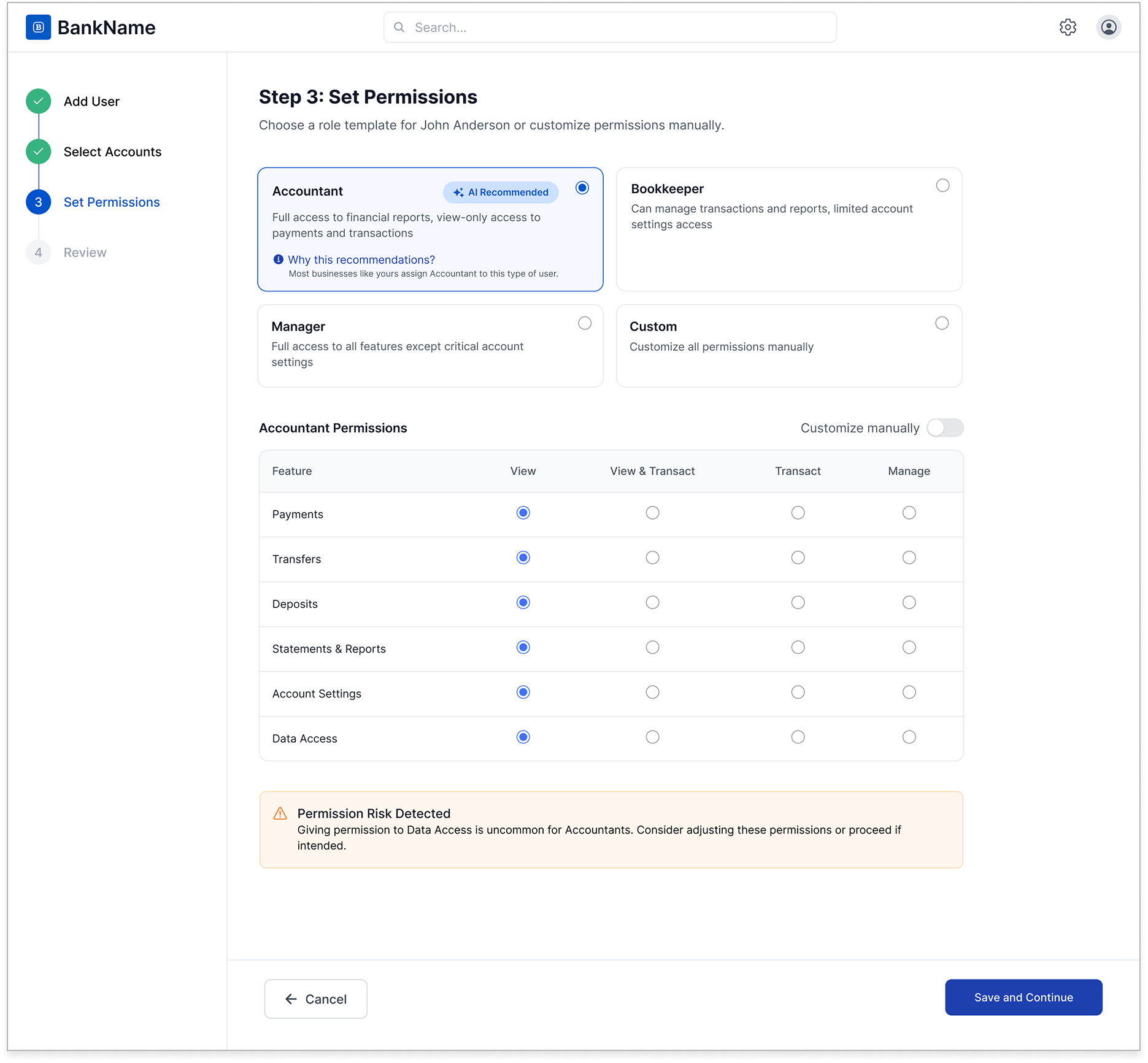 Step 3 — Set Permissions: predefined role templates with AI-flagged risk detection