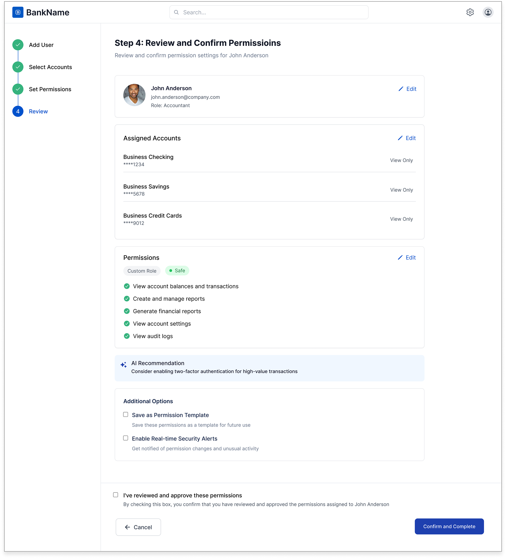 Step 4 — Review & Confirm: full access summary with AI security assessment before finalising
