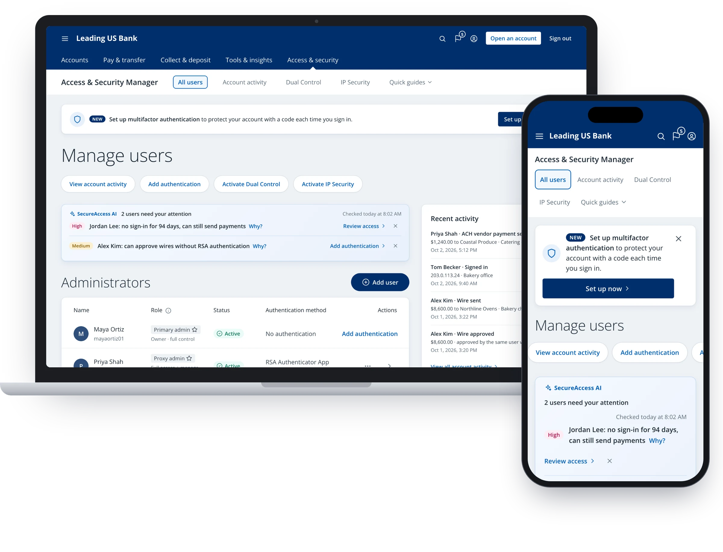 SecureAccess — Access & Security Manager dashboard with SecureAccess AI on laptop and phone