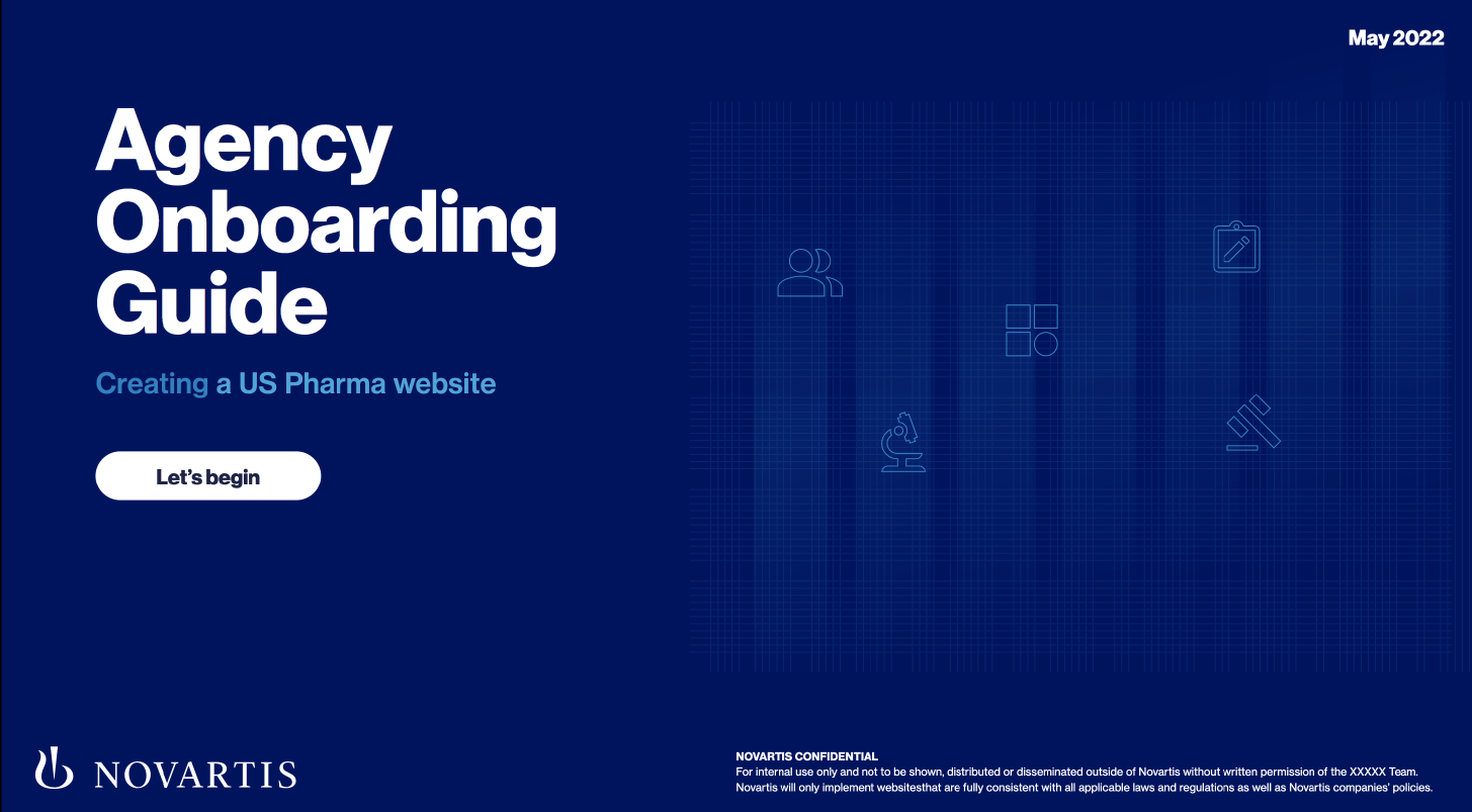 Agency Onboarding Guide cover — 'Creating a US Pharma website' on dark navy background with Novartis logo