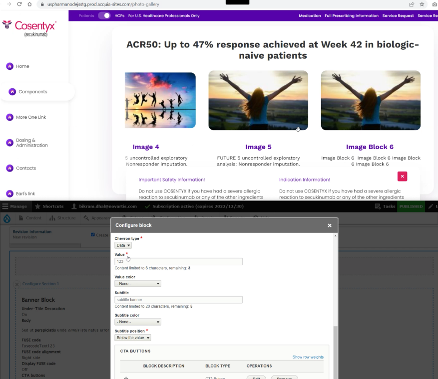 Drupal CMS admin — Configure block modal showing Banner Block settings, enabling code-free component configuration