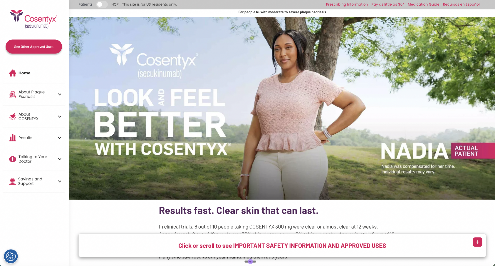 Cosentyx.com — patient and HCP-facing brand site showing the design system's navigation and content components live in production