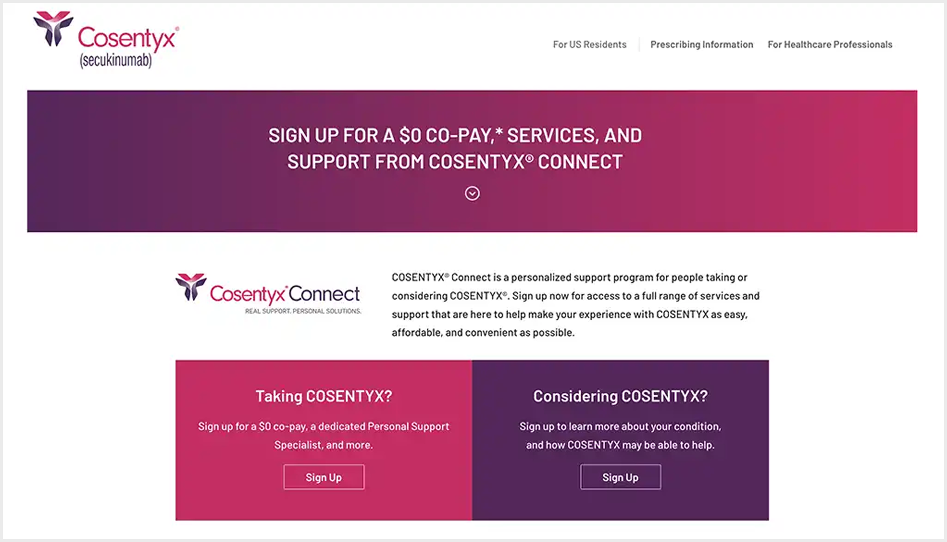 Cosentyx — recognized as one of the 10 Best Pharma Patient Support Websites, showing the Cosentyx Connect support program enrollment page
