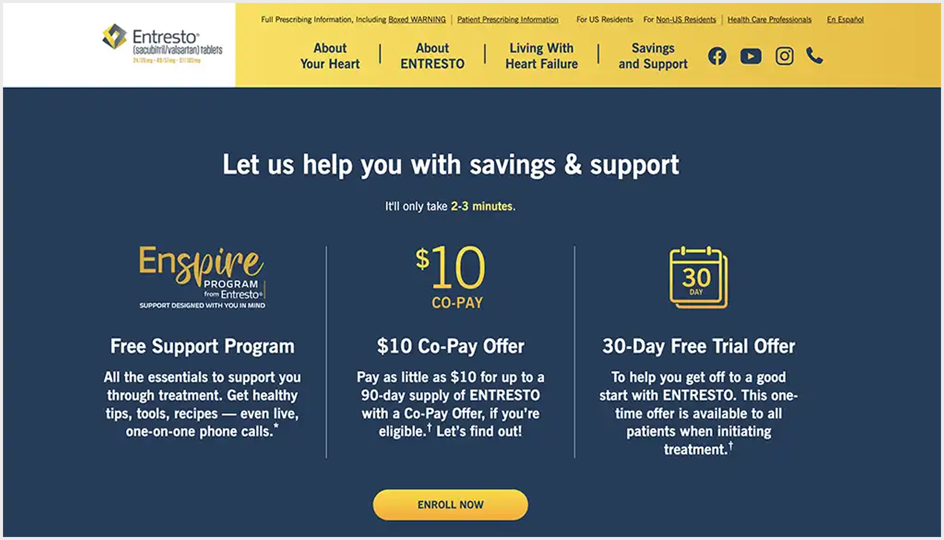 Entresto — recognized as one of the 10 Best Pharma Patient Support Websites, showing the Enspire program enrollment landing page