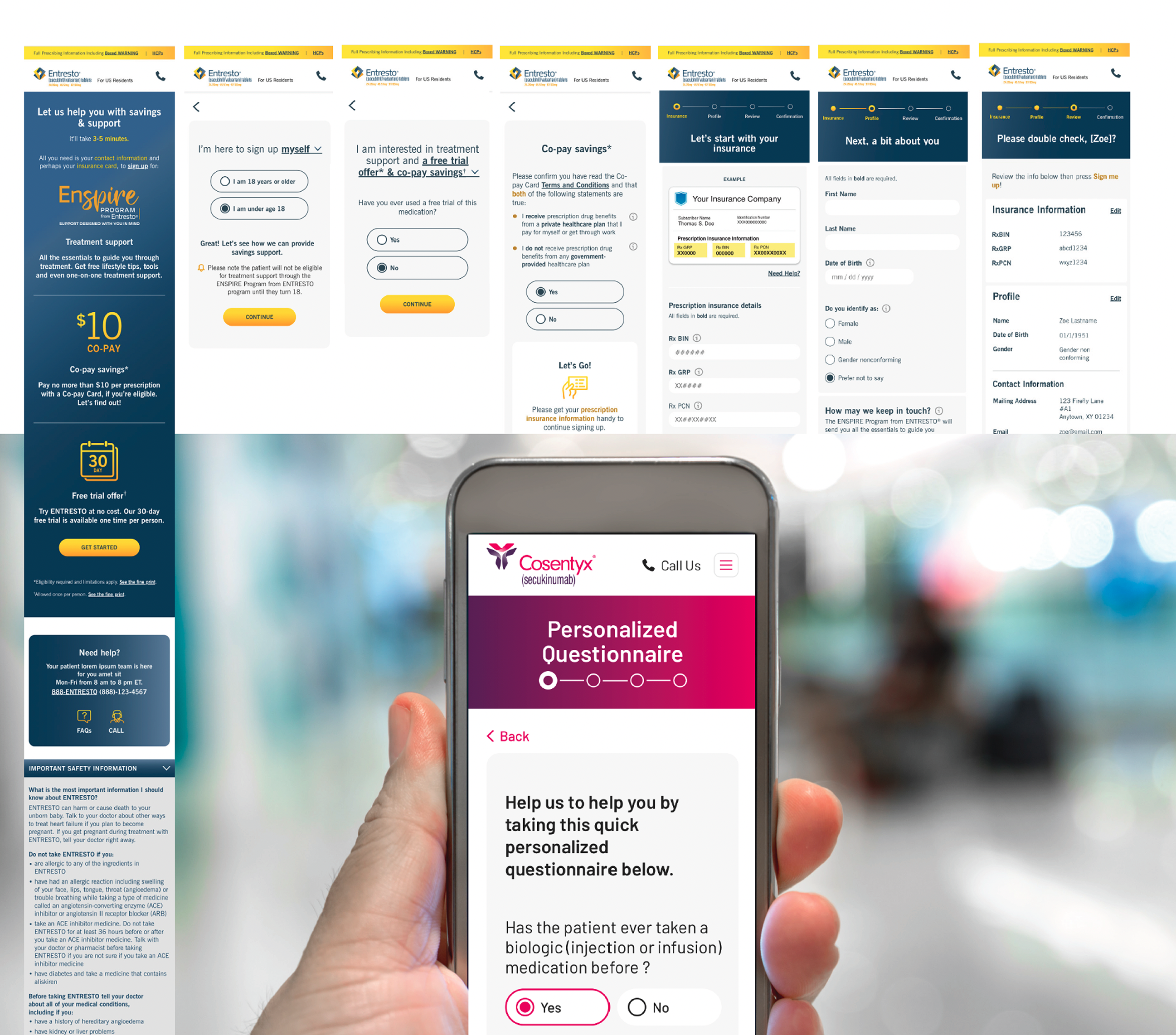 Entresto enrollment homepage — Let us help you with savings & support, featuring the Enspire program, $10 co-pay offer, and 30-day free trial offer with clear CTAs