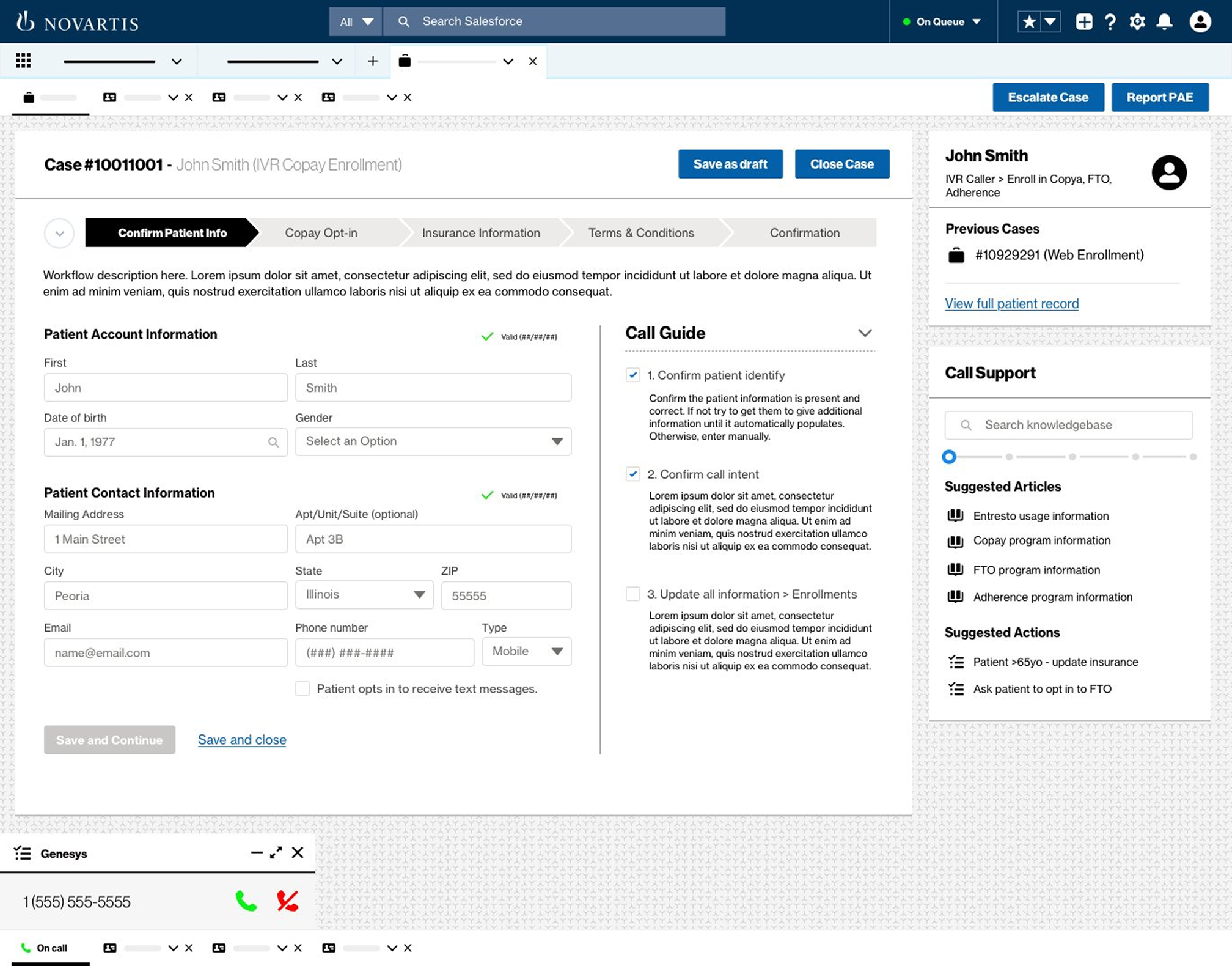 Salesforce-powered CEC agent console — unified patient record with case management interface, call guide checklist, suggested knowledge articles, and Genesys softphone overlay for case #10011001